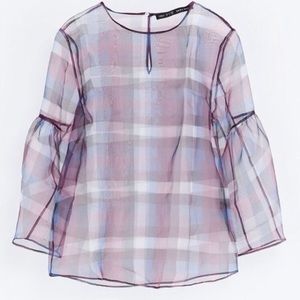 Zara Sheer Organza Check Tartan Plaid Blouse RARE